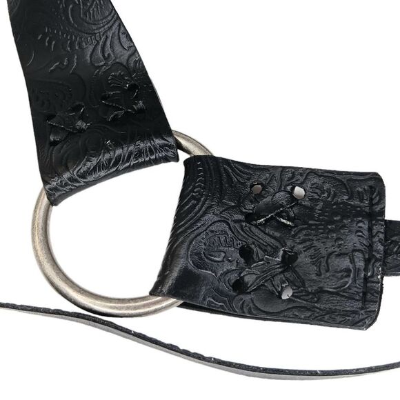 Black Leather Boho Belt Fringe Tassel Silver Metal Rings - Picture 4 of 10